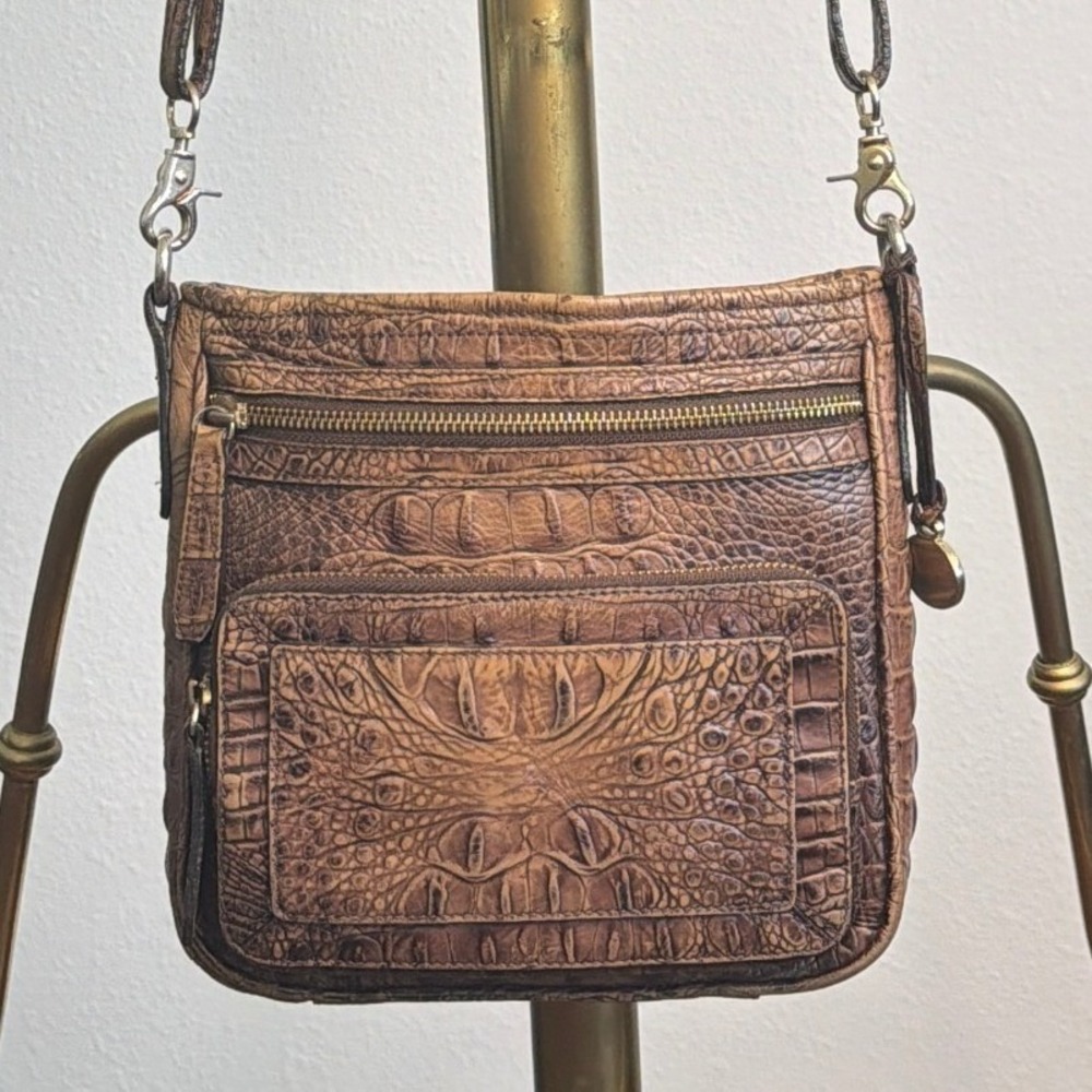 Brahmin Brown Croc Embossed Leather Crossbody Bag Organizer Purse Gold Hardware - Picture 1 of 7